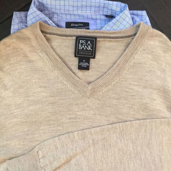 Jos A Bank Sweater V-neck Heathered Beige Classic Fit Size XL EUC - Picture 4 of 6